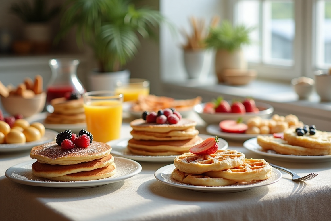 A beautifully arranged breakfast table featuring an array of sweet dishes such as pancakes, waffles, and fruit bowls, styled with colorful garnishes, natural lighting, and a cozy kitchen background.