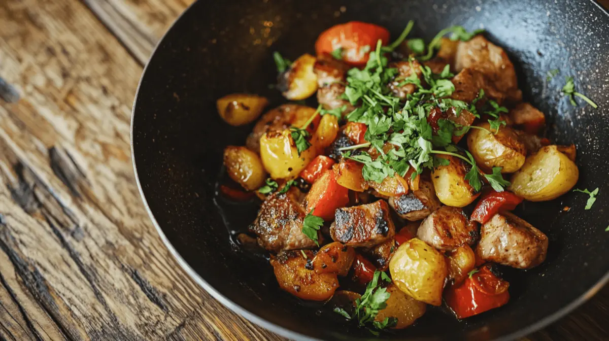 A beautiful pan roast dish featuring golden-brown vegetables and seared meat, garnished with fresh herbs, presented on a rustic wooden table