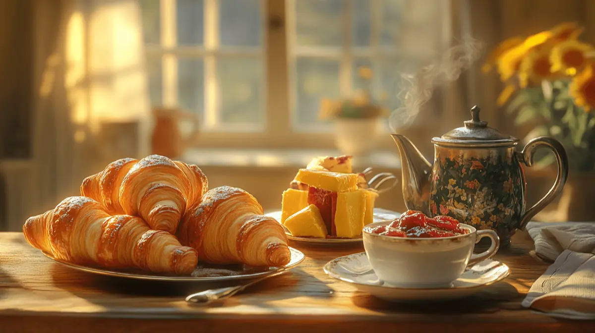 A beautifully arranged breakfast table featuring golden, flaky croissants, assorted jams, butter, and a steaming cup of coffee or tea, with soft morning light illuminating the scene