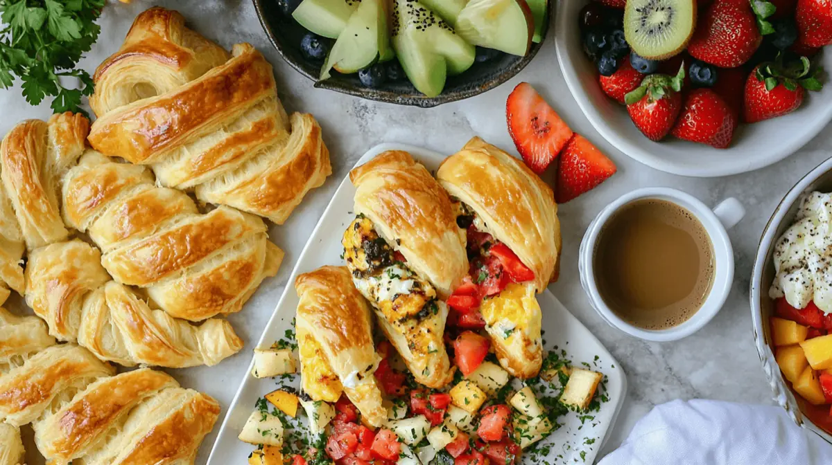 A beautifully arranged breakfast table featuring various crescent roll breakfast recipes: golden, flaky crescent rolls filled with cheese, eggs, and vegetables, alongside fresh fruit, coffee, and a colorful breakfast spread