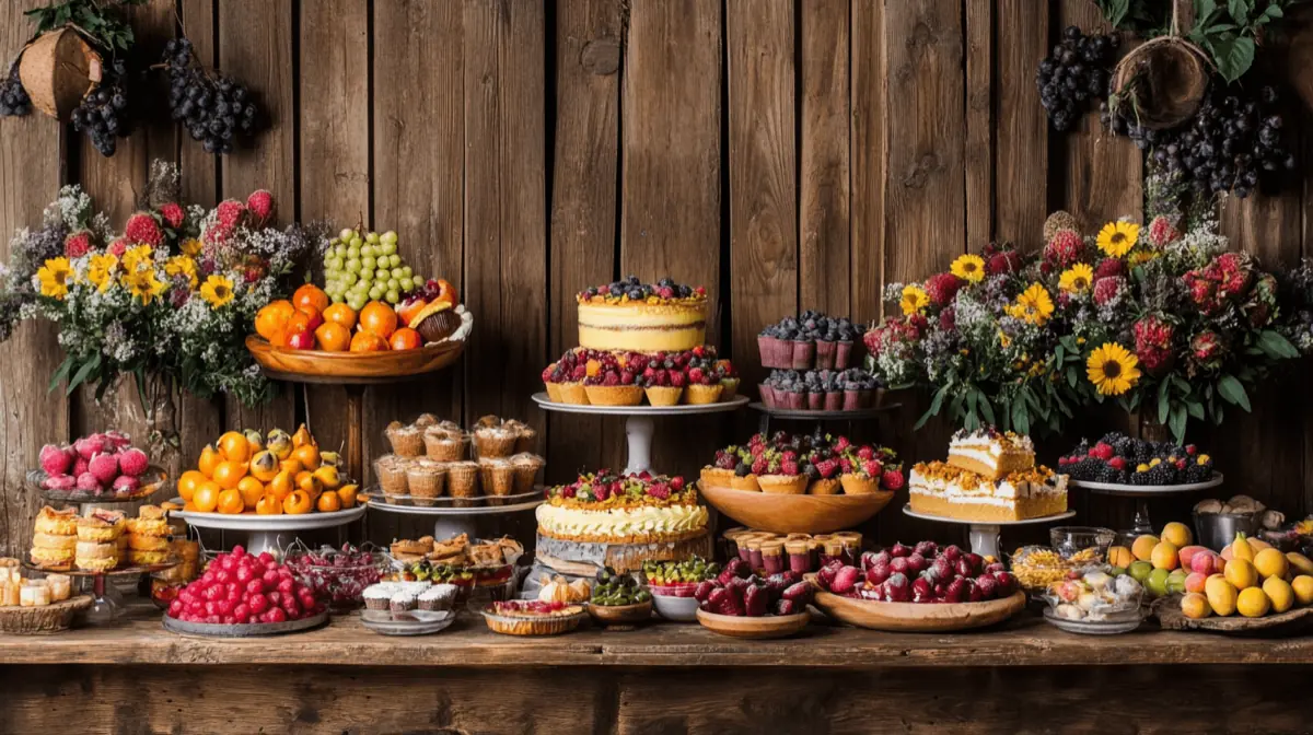 A beautifully arranged dessert table featuring a variety of colorful desserts, such as cakes, pastries, and fruits, set against a rustic wooden backdrop