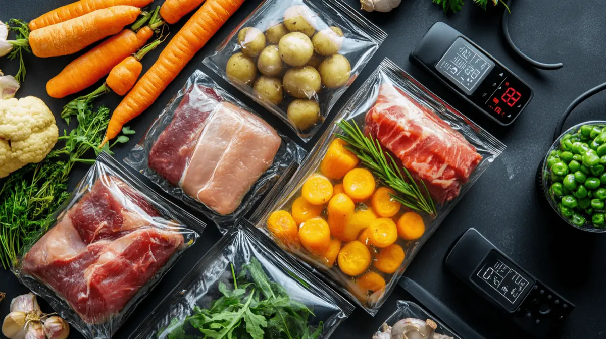 A beautifully arranged sous vide meal featuring frozen vegetables and meats in vivid sous vide bags, highlighting the cooking process with precision temperature settings visible on a digital thermometer