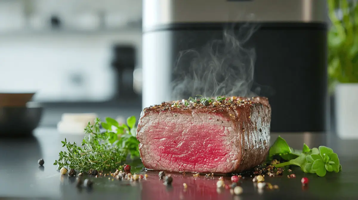 A beautifully cooked sous vide steak, perfectly pink in the center, with herbs and spices around it, showcasing the sous vide water bath in the background