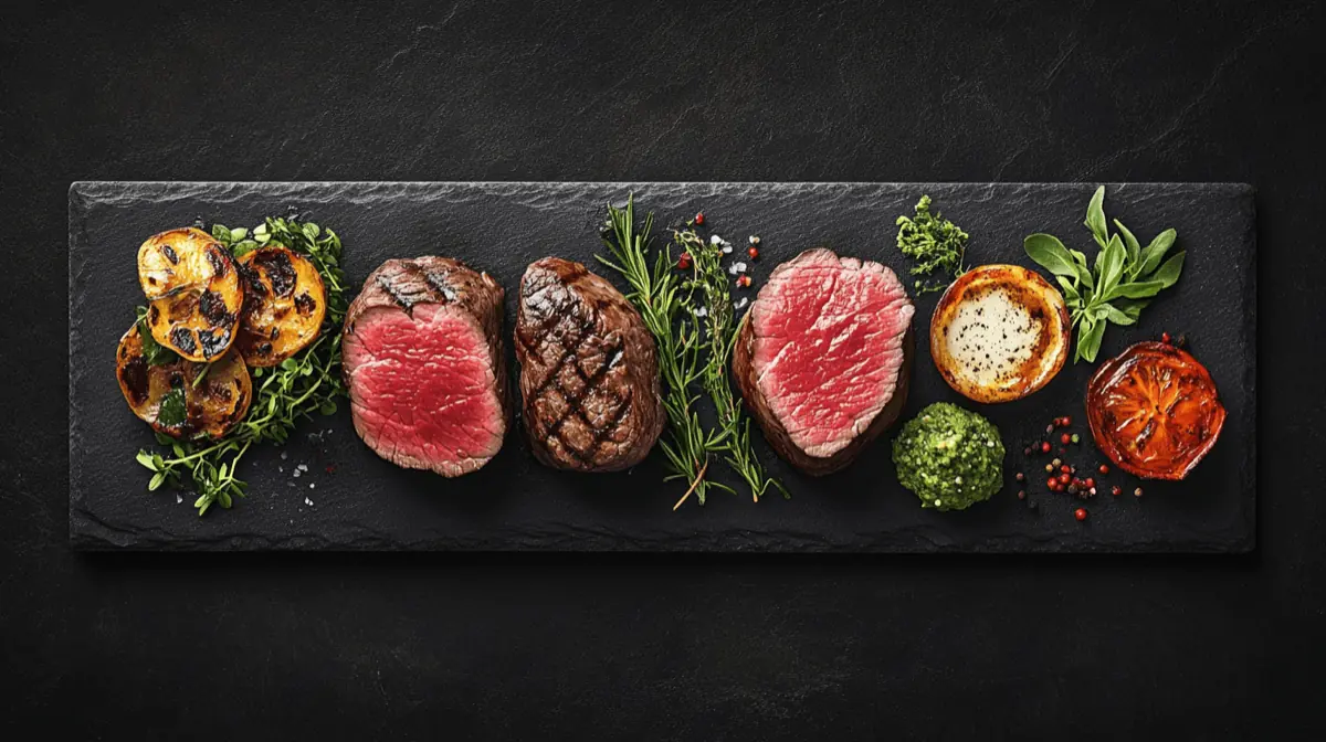 A beautifully plated beef tenderloin and filet mignon, showcasing their differences in texture, color, and presentation, garnished with herbs and served with sides