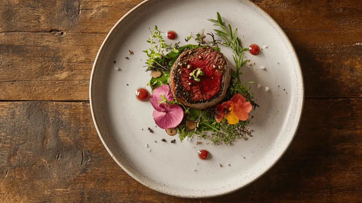 A beautifully plated dish showcasing filet mignon and tenderloin steaks side by side, garnished with herbs and served on a rustic wooden table