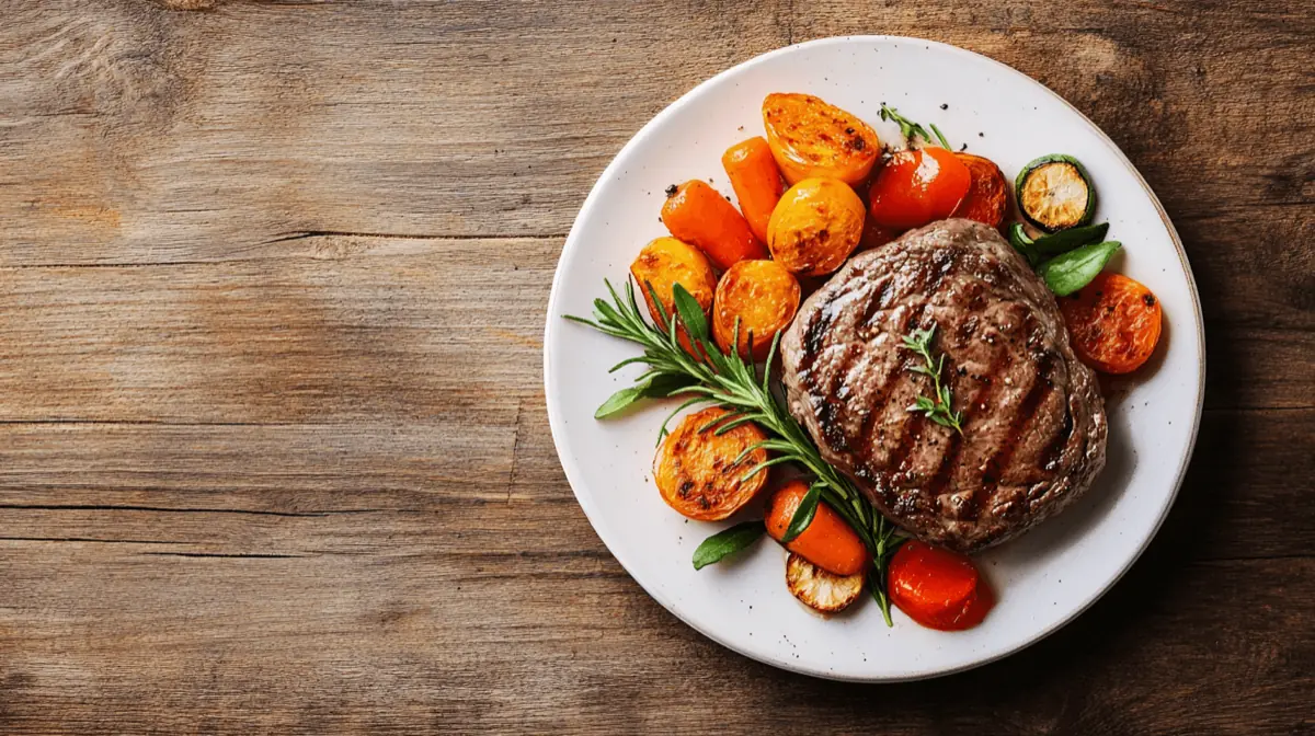 A beautifully plated filet mignon steak, garnished with herbs and accompanied by roasted vegetables, served on a rustic wooden table