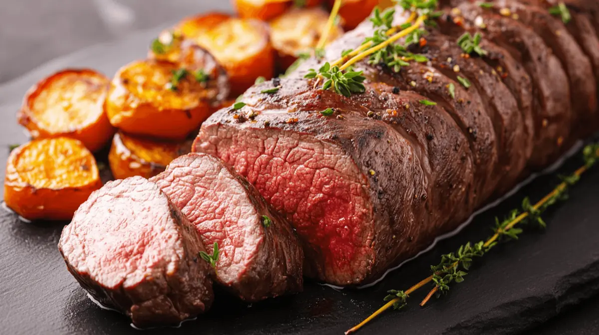 A beautifully plated sous vide beef tenderloin, garnished with fresh herbs and served with a side of roasted vegetables, captured in natural light