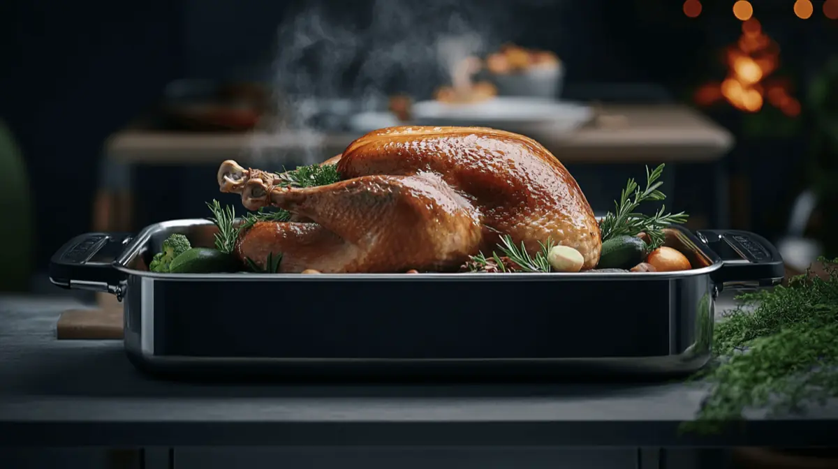 A beautifully roasted turkey in a roaster pan, surrounded by herbs and vegetables, with golden-brown skin and steam rising, set on a festive dining table