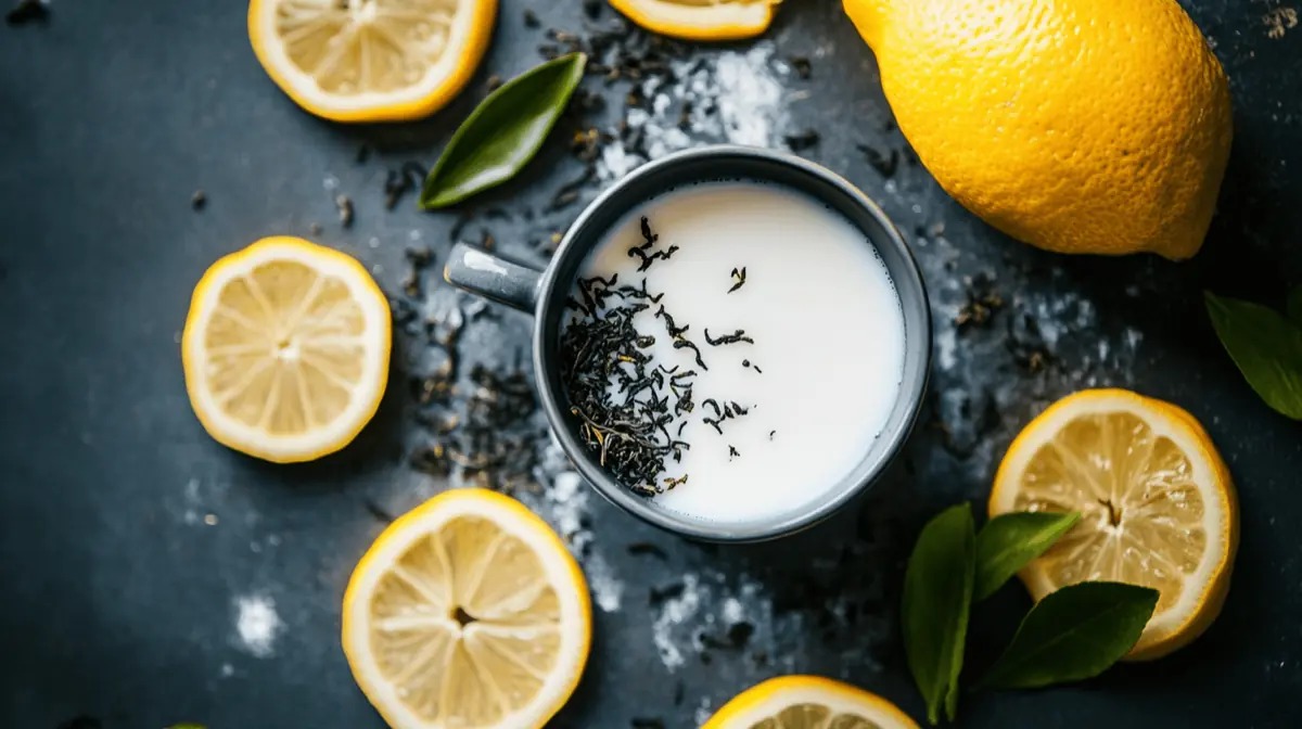 A beautifully styled cup of Earl Grey tea with a splash of milk, surrounded by lemon slices and loose tea leaves