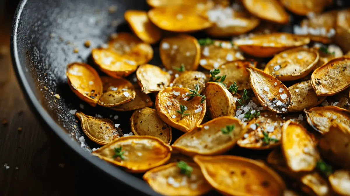 A close-up of golden, roasted pumpkin seeds in a pan, garnished with sea salt and herbs, with a rustic wooden background