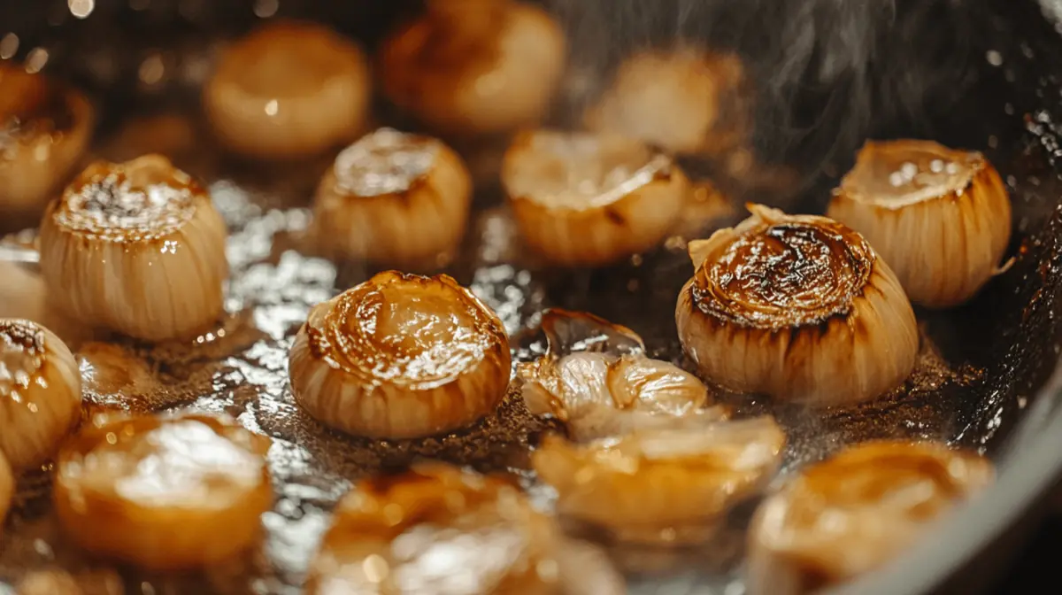 A close-up of roasted garlic cloves in a skillet, showcasing their golden-brown color and caramelized texture