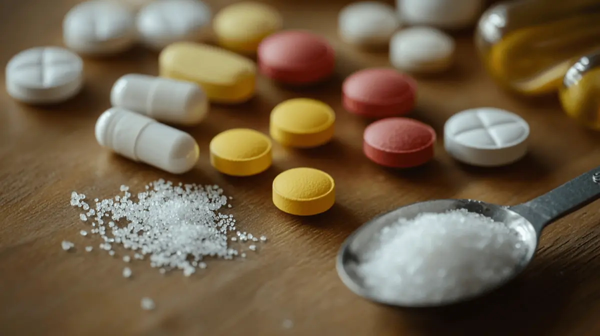 A close-up of various vitamins and supplements, arranged aesthetically on a wooden table, with a measuring spoon filled with sugar in the foreground