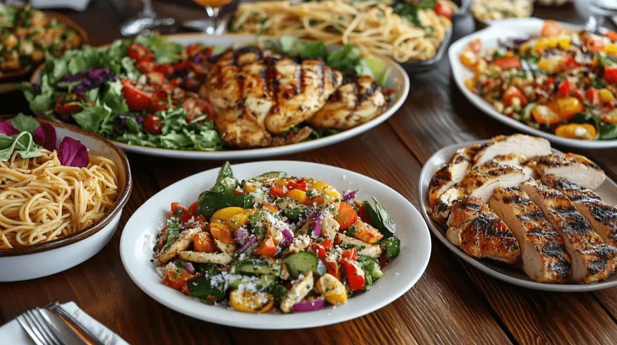 A colorful, appetizing dinner table filled with a variety of dishes, including grilled chicken, roasted vegetables, pasta, and a fresh salad, all beautifully plated