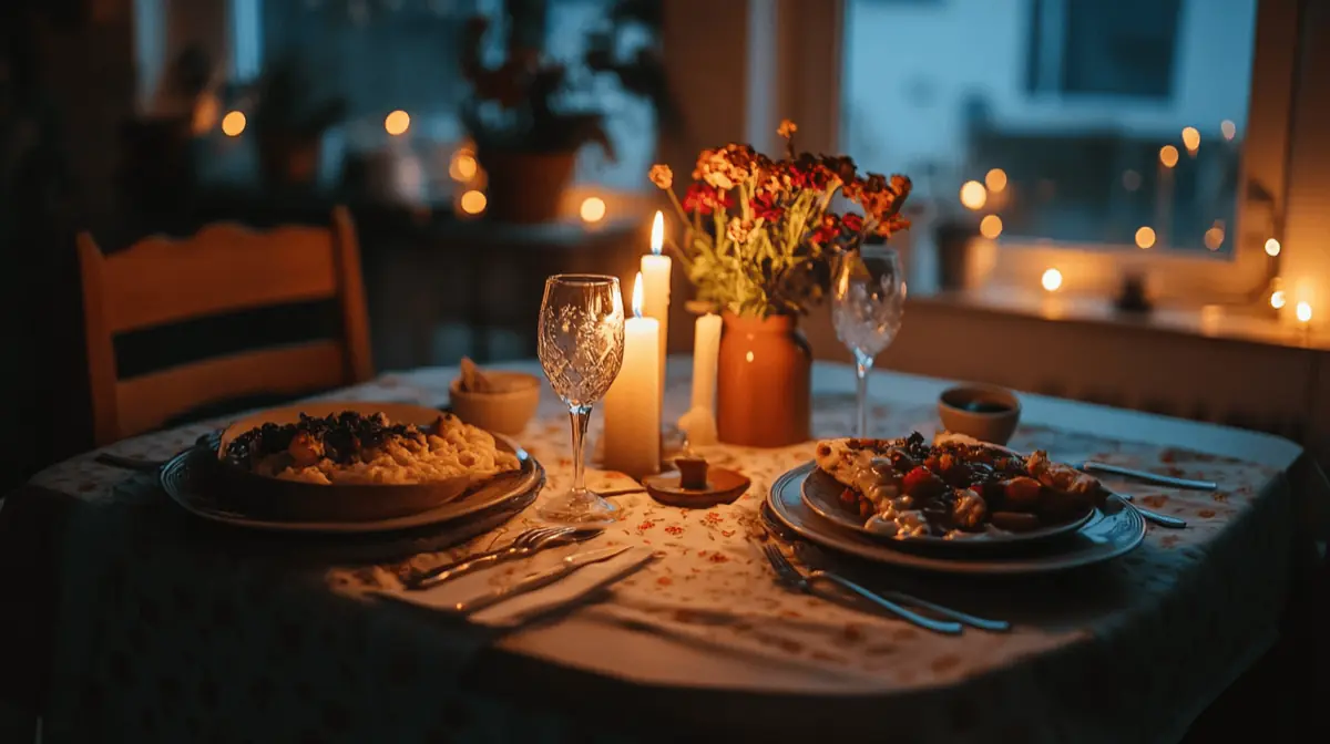 A cozy dinner setting for two, featuring a beautifully set table with candles, a small vase of flowers, and two plates of delicious food