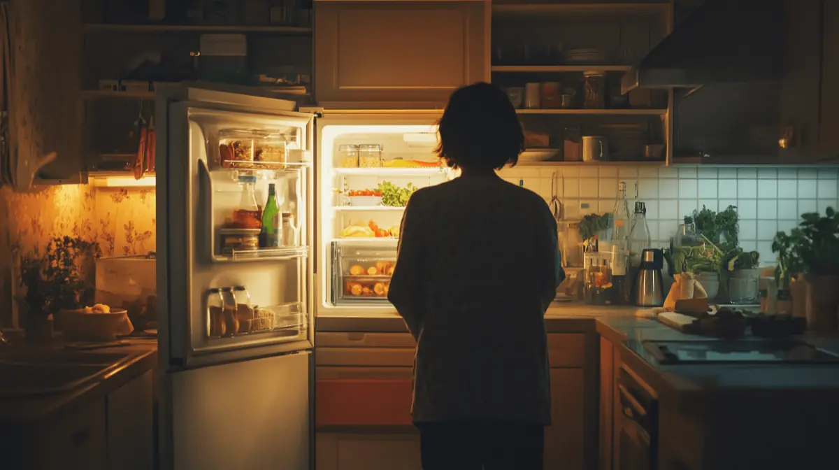 A cozy kitchen scene with a person standing thoughtfully in front of an open refrigerator, pondering dinner options. The kitchen is warmly lit, with a few simple ingredients like vegetables, cheese, and pasta visible on the counter. The atmosphere conveys the feeling of indecision but also comfort, with a touch of creativity and homeliness