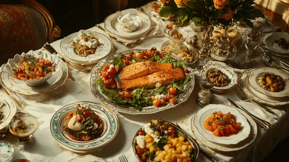 A beautifully set dinner table with a variety of dishes, including grilled salmon, a colorful salad, and a rich dessert