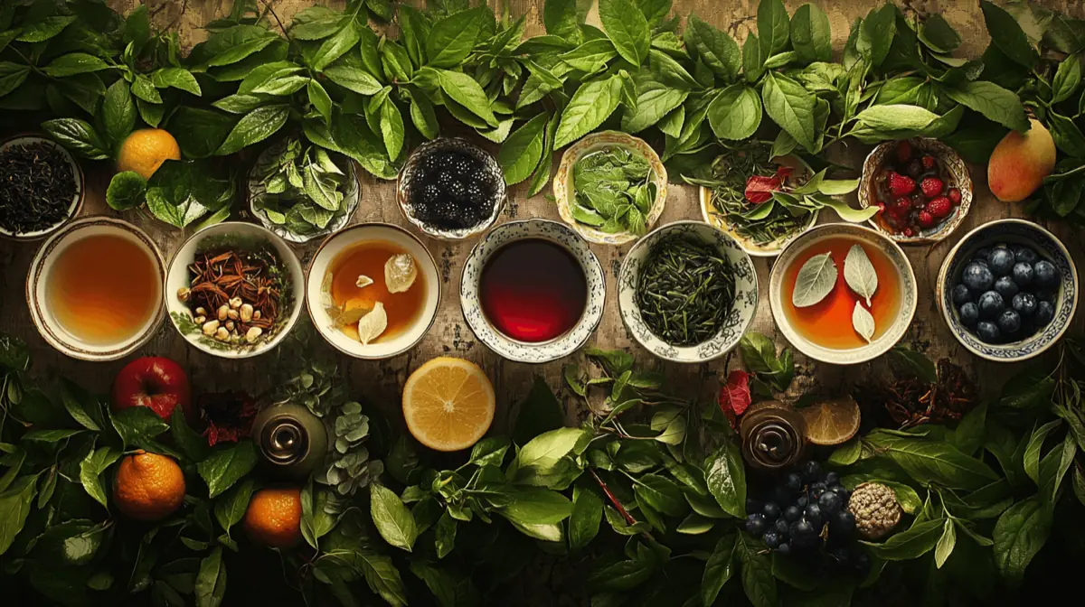 A vibrant assortment of various teas, including green, black, herbal, and white teas, displayed in elegant teacups with fresh herbs and fruits surrounding them