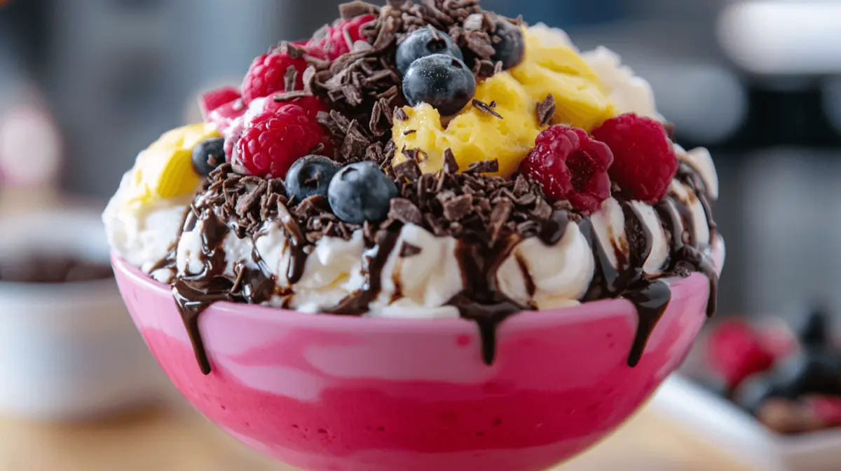 A vibrant bowl of creamy dessert made in a Ninja Creami, showcasing various pudding flavors and toppings