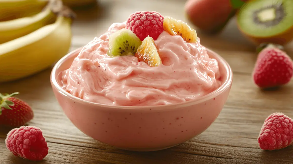 A vibrant bowl of creamy dessert made from frozen fruit, surrounded by fresh fruit on a wooden table