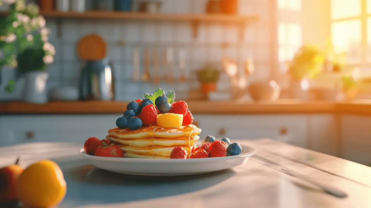 A vibrant breakfast scene featuring a beautifully arranged plate of pancakes topped with fresh fruits, drizzled with honey, and a side of yogurt, set against a bright kitchen backdrop