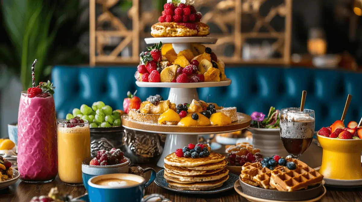 A vibrant breakfast table featuring an assortment of desserts such as pancakes, waffles, and smoothies, surrounded by fresh fruits and coffee