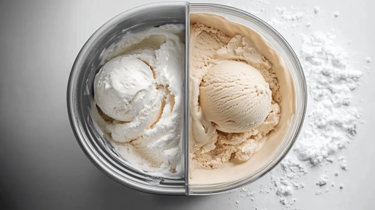 A visually appealing image of a Ninja Creami ice cream machine with a bowl of creamy ice cream on one side and a bowl of powdery ice cream on the other side, highlighting the contrast