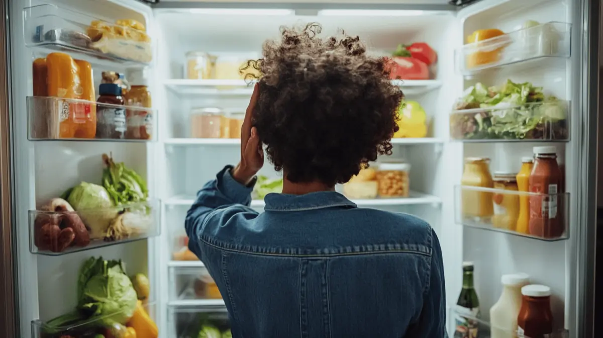 A visually appealing image of a person looking confused in front of an open refrigerator filled with various food options