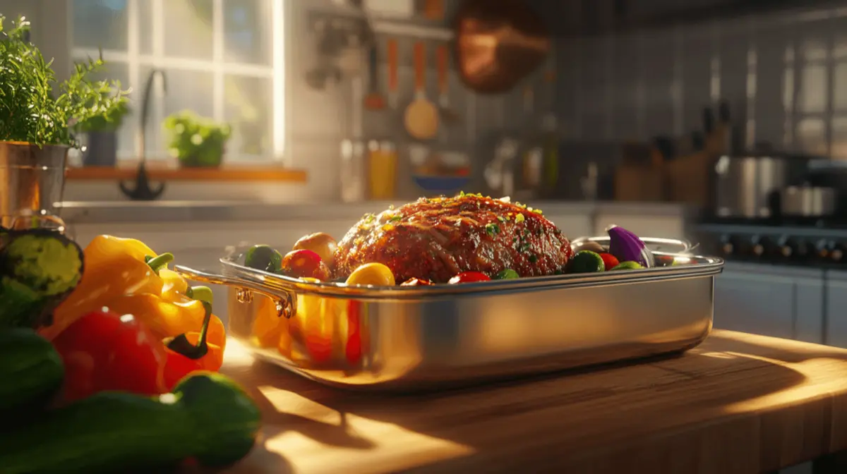 A well-lit kitchen scene featuring a shiny, stainless steel roasting pan with a golden-brown roast meat inside, surrounded by colorful vegetables