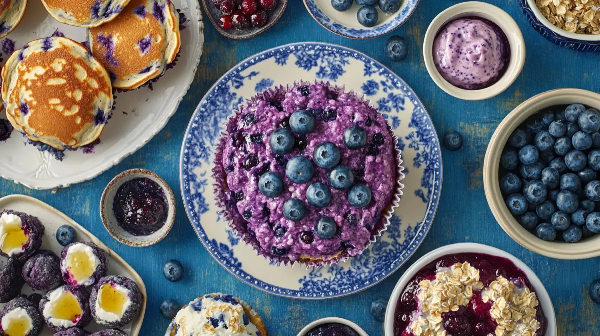 A vibrant image of various blueberry breakfast dishes, including pancakes, muffins, and overnight oats, beautifully arranged on a table with fresh blueberries scattered around