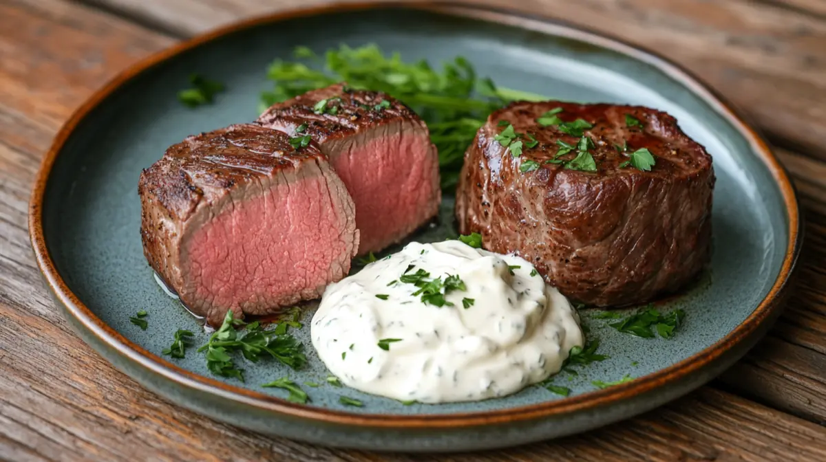 A delicious beef tenderloin served with creamy horseradish sauce, beautifully plated on a rustic wooden table