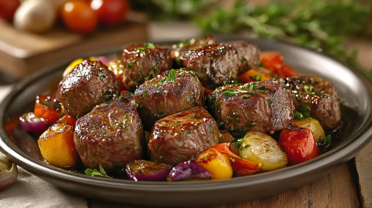 A beautifully plated dish of beef tenderloin tips