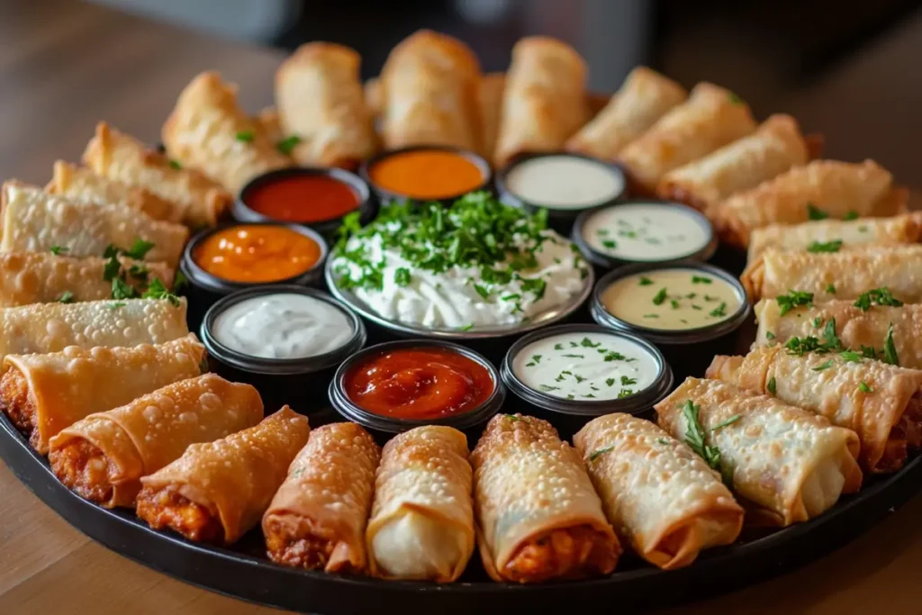 Buffalo chicken egg rolls with sauces