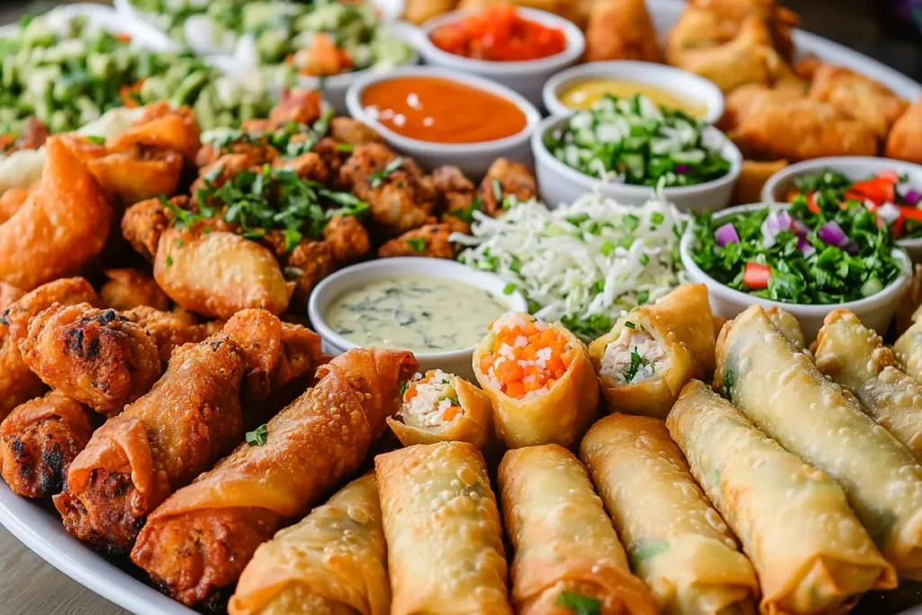 Variety of buffalo chicken egg rolls with sauces