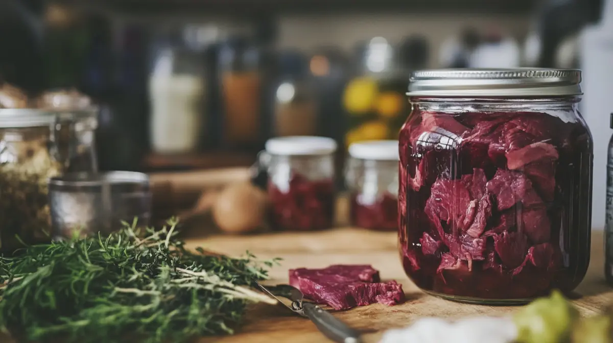 canning venison with jars and ingredients