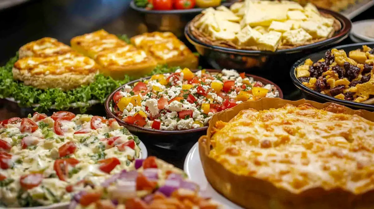 An assortment of delicious dishes featuring various cheese substitutes, including salads and baked goods