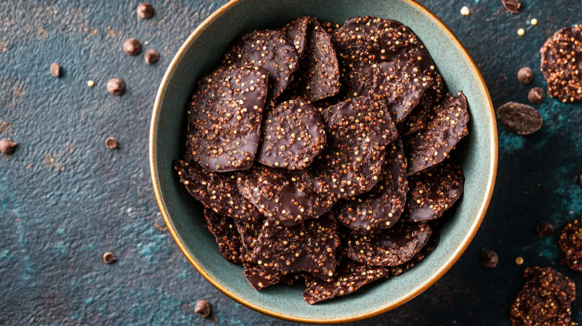 A colorful bowl filled with chocolate quinoa crisps, showcasing their crispy texture and chocolate coating