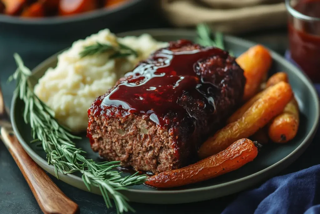 A beautifully plated classic venison meatloaf with a rich glaze, served with roasted vegetables and mashed potatoes