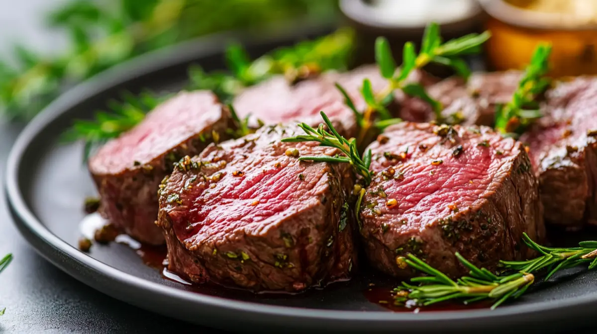 A beautiful plate of cooked venison tenderloin with herbs and sides