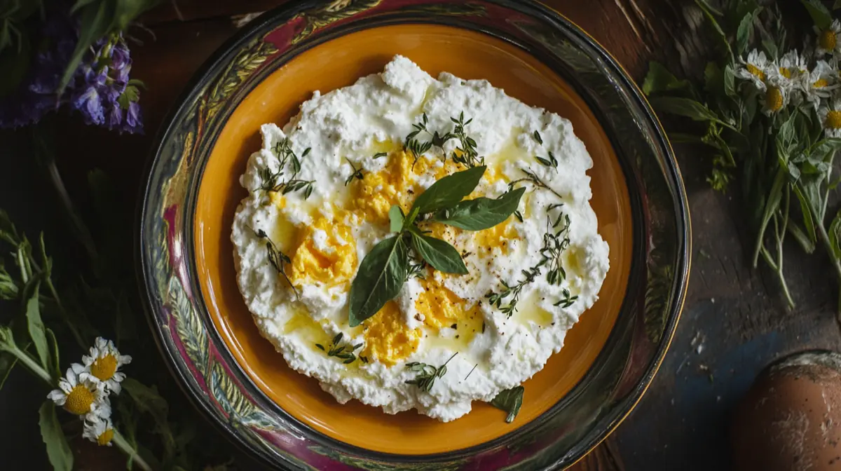 A vibrant plate of cottage cheese and scrambled eggs with herbs