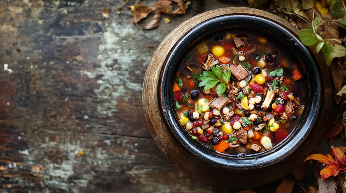 A hearty bowl of crockpot venison stew, showcasing tender meat and vegetables