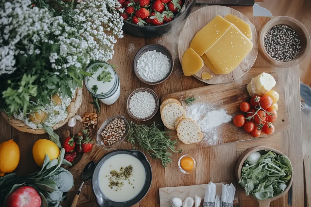 Image of a variety of dairy and ingredient alternatives displayed beautifully, showcasing their versatility, bright and appealing kitchen setup