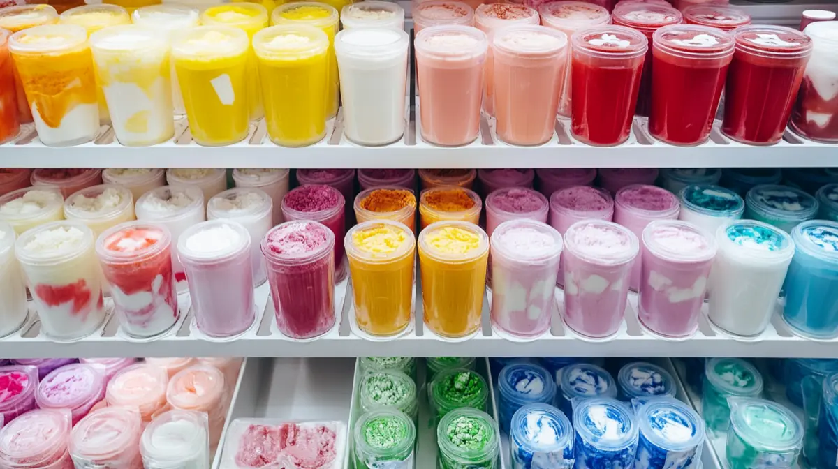 Image of various dairy and ingredient alternatives, including milk, cream, and butter substitutes, colorful and attractive display