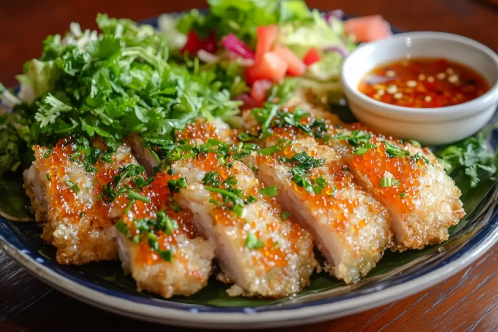 A beautifully plated dish featuring flying fish roe, garnished with fresh herbs and accompanied by a colorful salad and dipping sauce, highlighting its culinary versatility