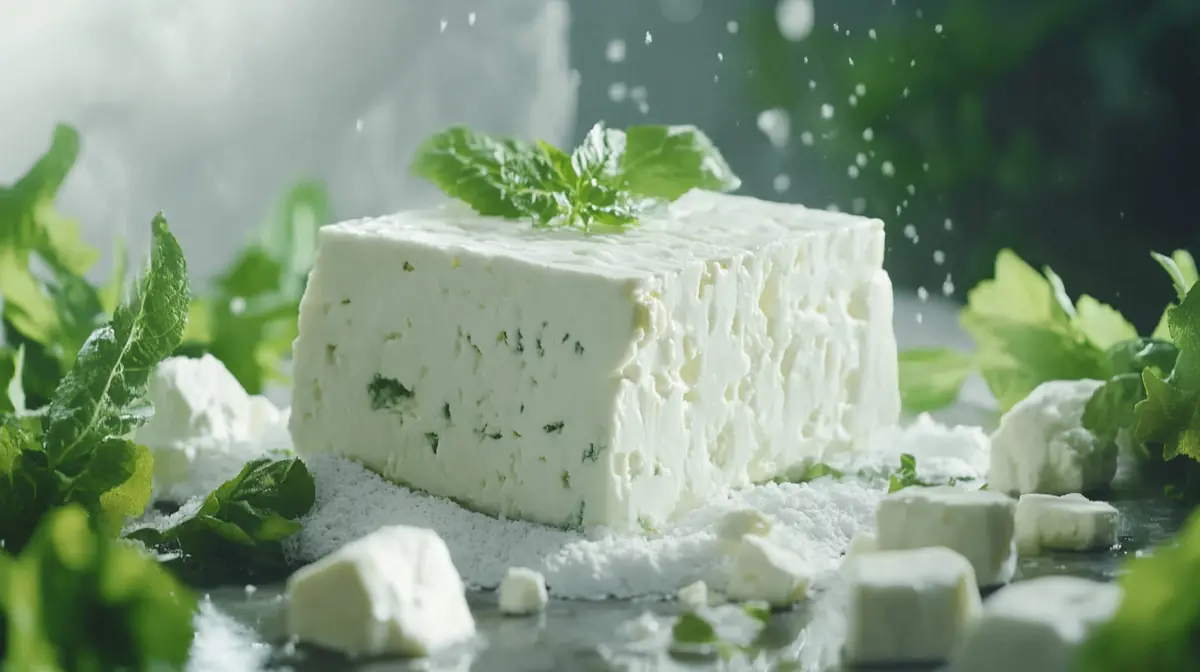 A visually appealing image showing a block of feta cheese with nutritional facts displayed artistically around it, emphasizing its health benefits