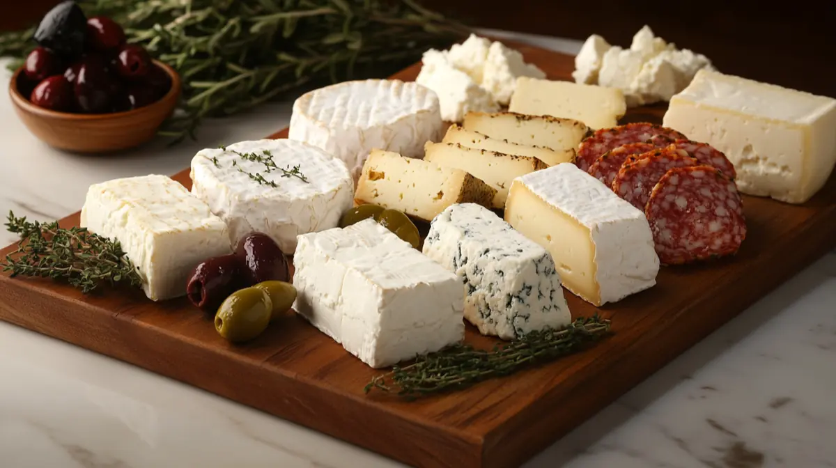 A variety of feta cheese types displayed on a wooden cutting board, with olives and herbs for garnish