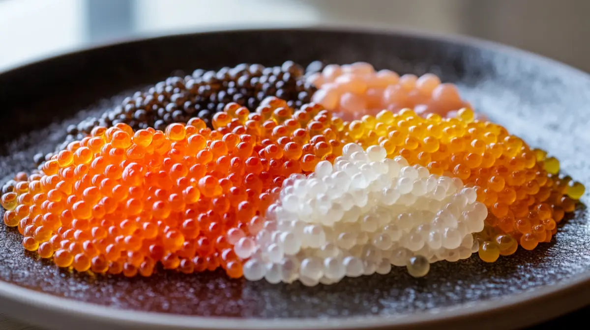 A variety of fish roe displayed elegantly on a plate