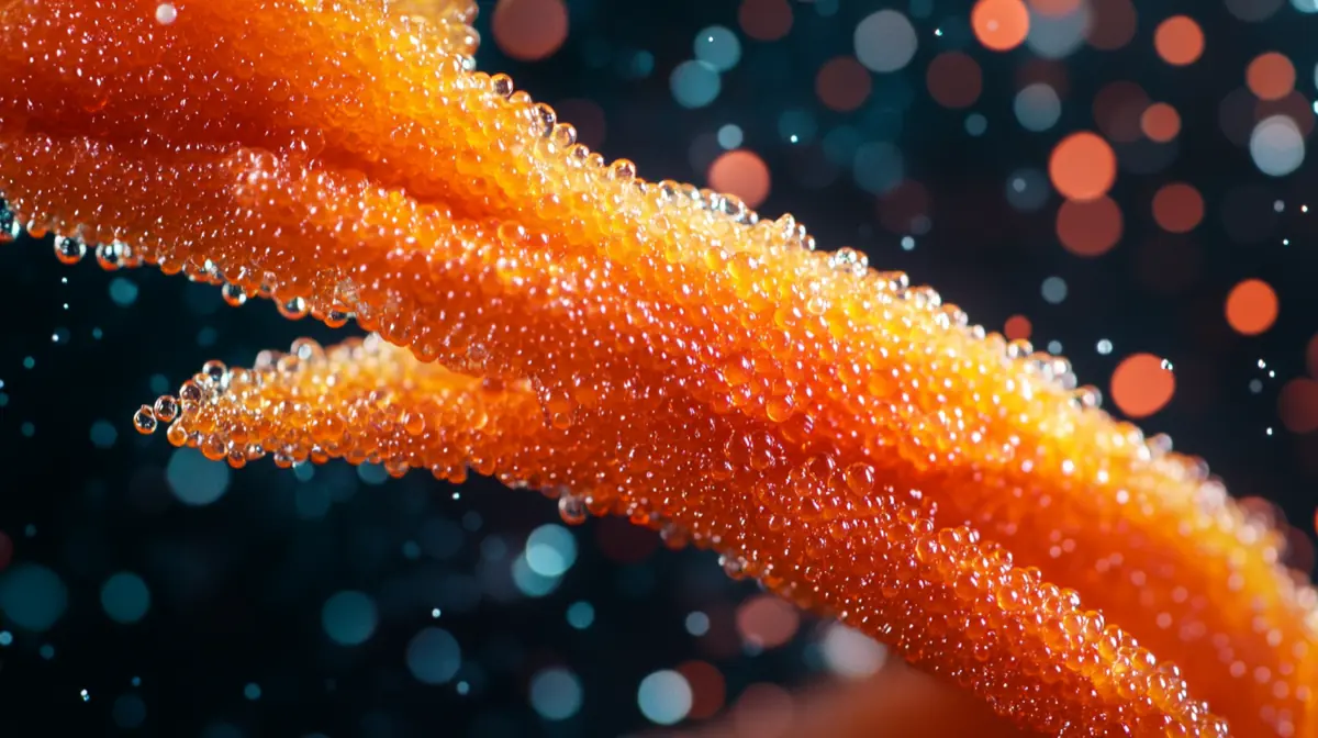 A vibrant image of flying fish roe, showcasing the colorful pearls against a dark background, emphasizing their unique texture and shine