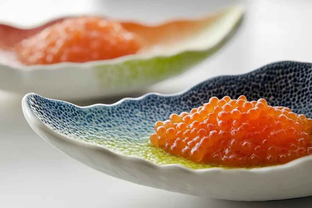 A close-up image showcasing the vibrant colors of flying fish roe, highlighting the texture and small size of the eggs, with a sushi plate in the background