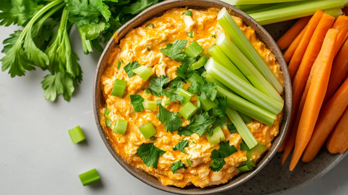 Healthy buffalo chicken dip with veggies