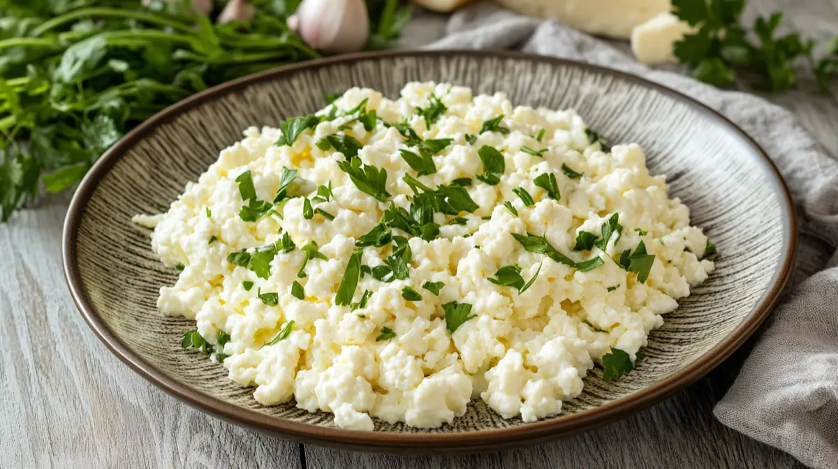 A vibrant plate of cottage cheese mixed with scrambled eggs, garnished with fresh herbs and veggies, bright colors, healthy meal, high resolution